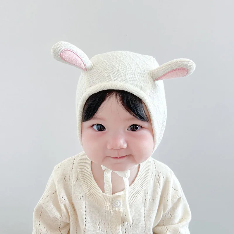 Solid Color Rabbit Baby Hat Autumn Winter Warm Newborn Ear Protection Cap Cute Cartoon Lac-up Infant Boy Girl Beanie Caps