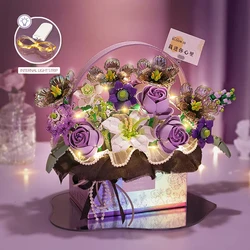 Creative Pink Rose Basket Bouquet Building Blocks Portable Flower Bouquet Gift Box Series Model Bricks Girls Gifts Girls Toys