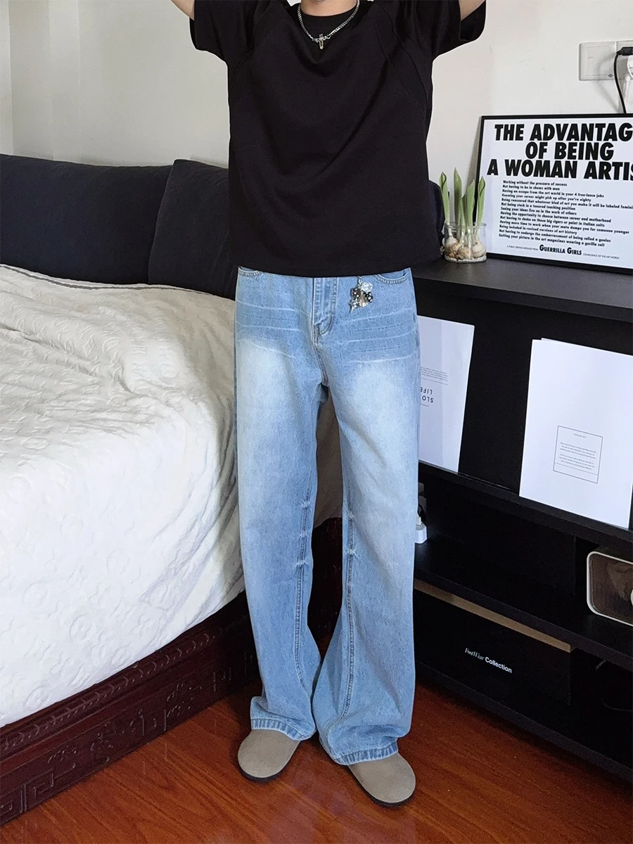 

Retro American Sle Loose Straight Leg Jeans for Men Light Blue Lazy Pants Trendy Casual Jeans High Waist Long Trousers