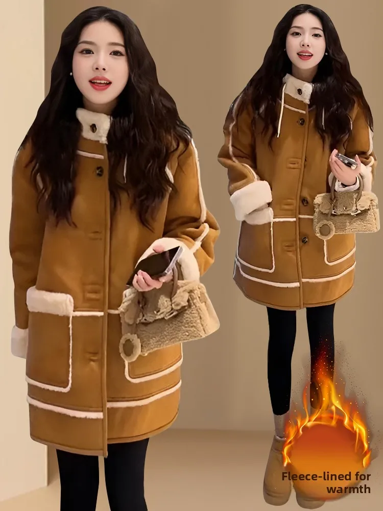 Ladies Thiened Lamb Fur Jaet with Hood And Large kets Casual Sle Loose Fit Warm Outerwear for Autumn Winter - Image 3