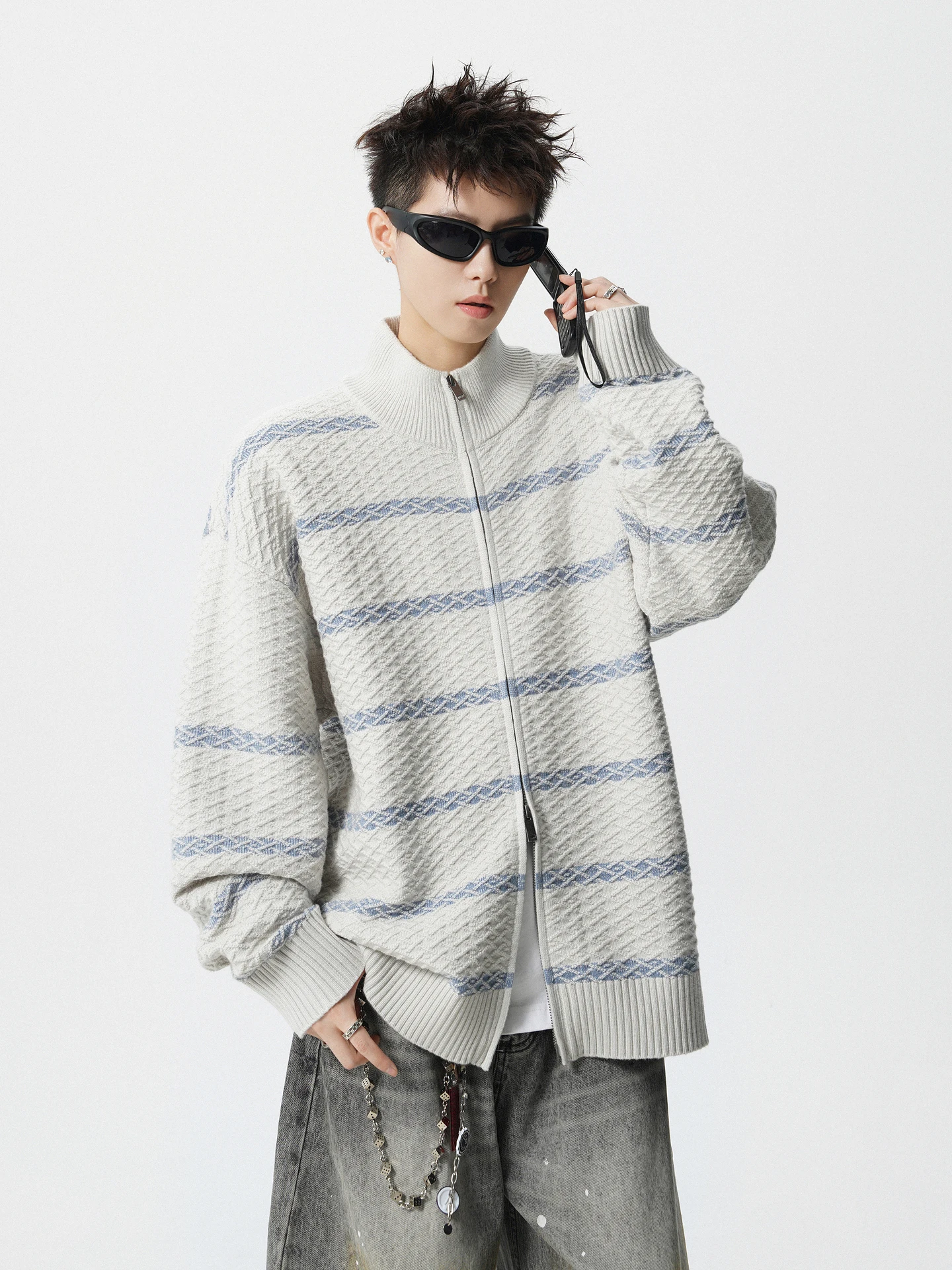 

Textured Stripe Zipper Knitwear Jaet Loose Fit Stand Collar Open Cardigan for Men And Women Casual Sle Winter Warmth