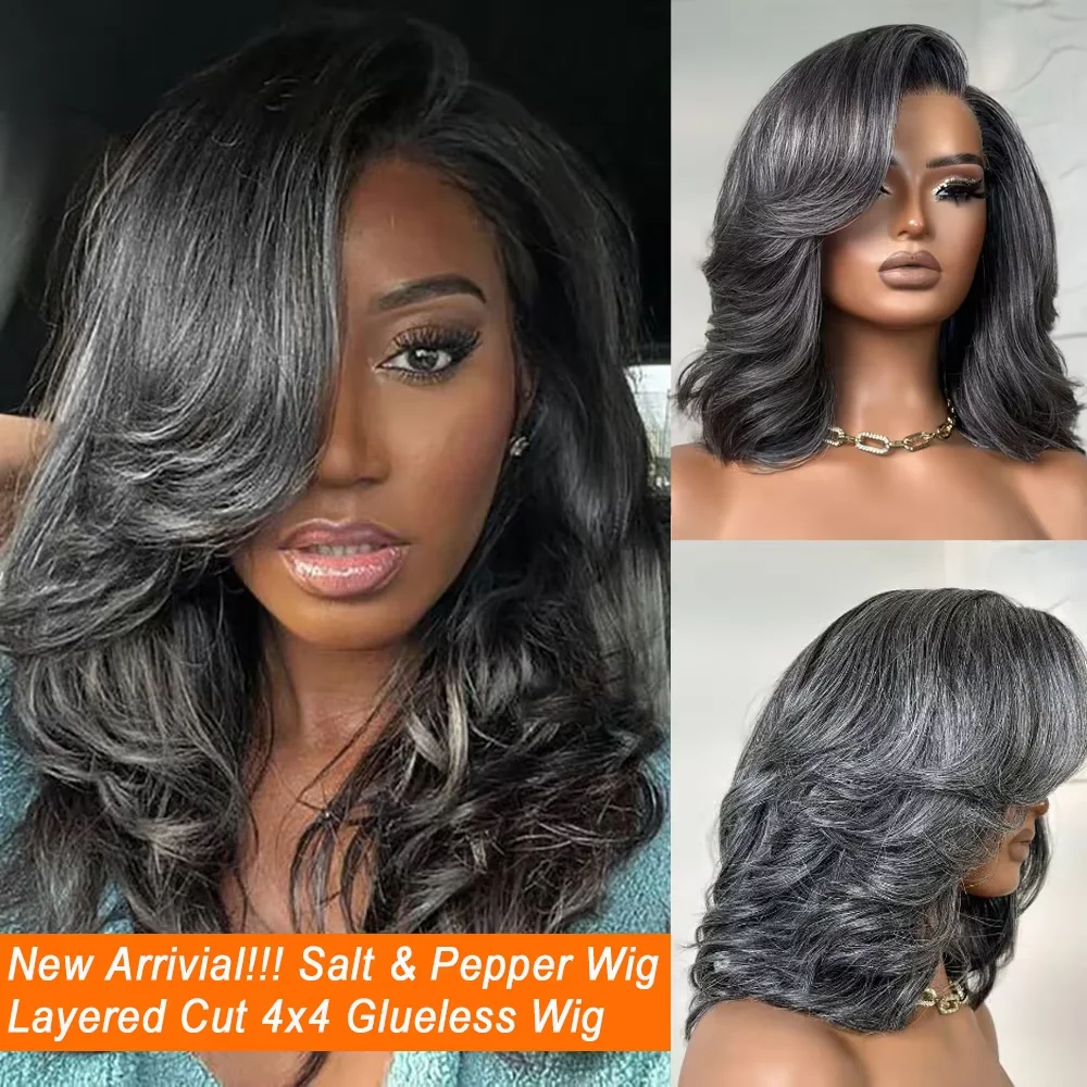 14 بوصة الشظية رمادي الجسم موجة قصيرة بوب الباروكات الشعر البشري 5x5 HD الدانتيل إغلاق شعر مستعار 200 الكثافة الملح والفلفل موجة فضفاضة بوب الباروكات