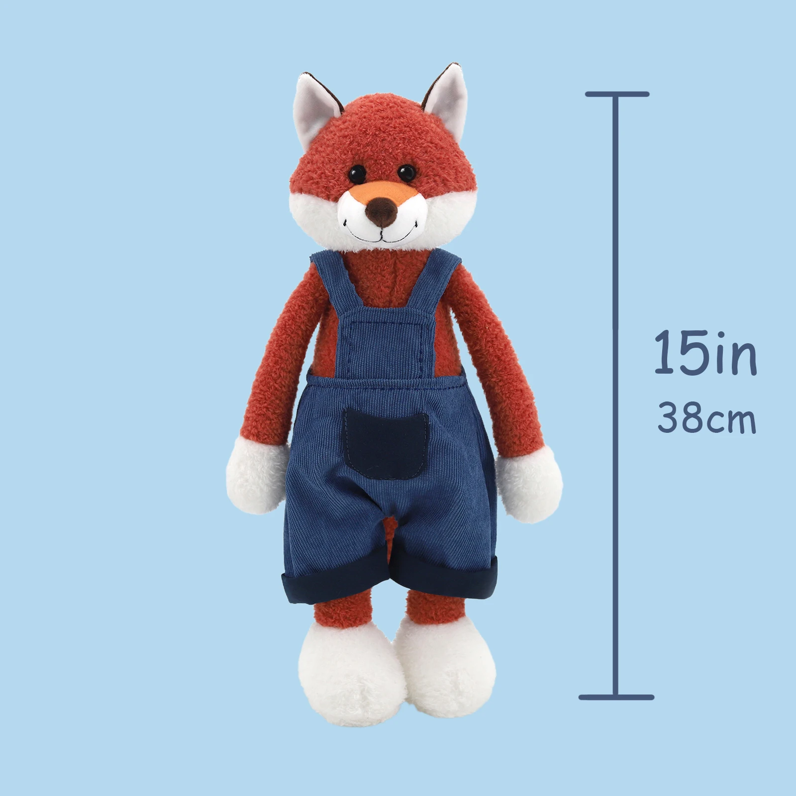 デニムオーバーオールを着た赤いキツネのぬいぐるみ、柔らかいぬいぐるみ人形、漫画の子供向けギフト、家の装飾、かわいいぬいぐるみ、子供の誕生日プレゼント