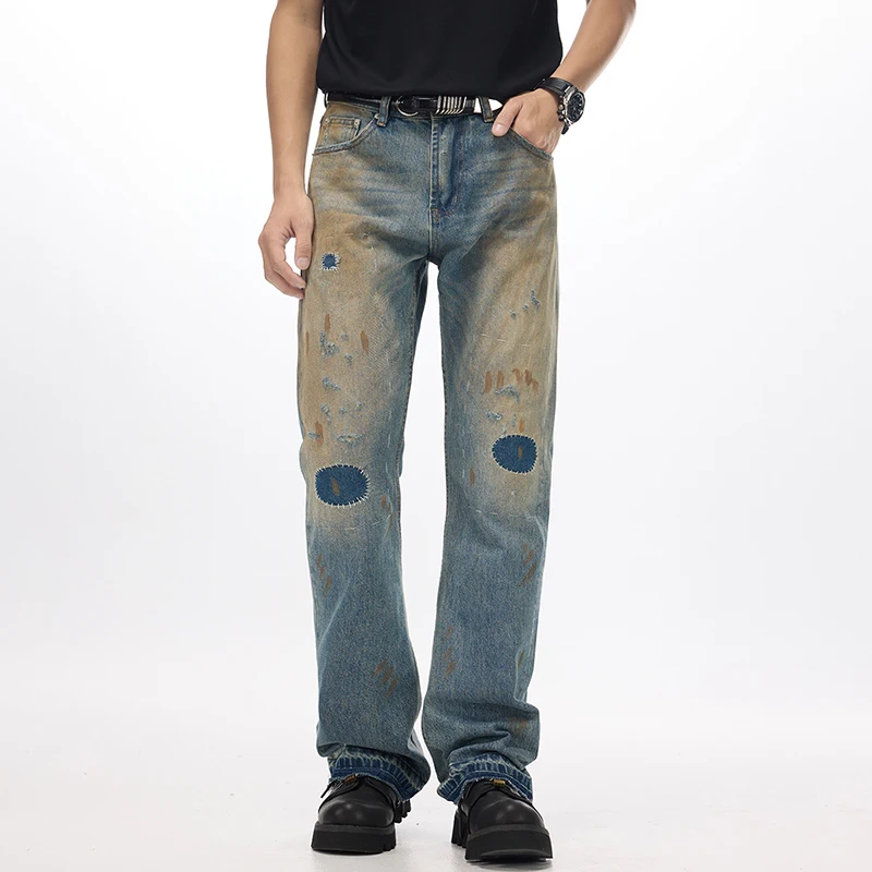 

Niche Design Men's Denim Jeans Trousers Washing Patch Contrast Color Patchwork Holes Straight Leg Loose Male Jeans Autumn