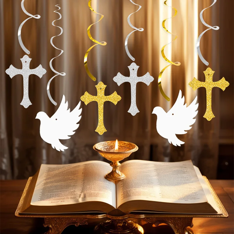 6/12 قطعة بالتواصل الأول معلقة الدوامات الصليب والسلام حمامة راية المعمودية الديكور للبنين بنات استحمام الطفل ديكور الحفلات