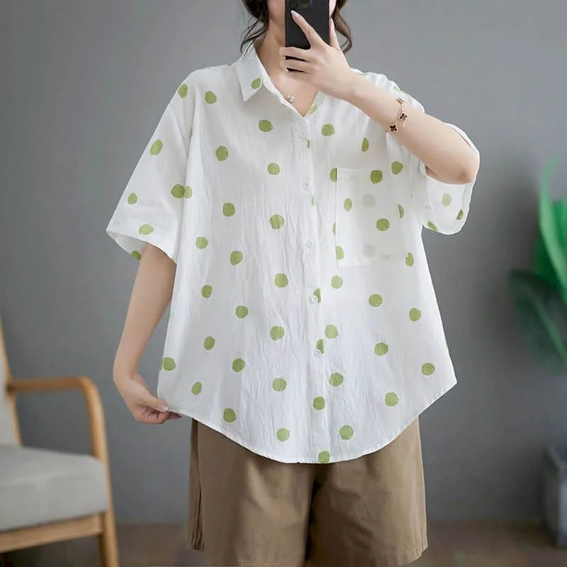 

White Shirts Women Summer Vintage Literary Oversized Polo-neck Loose Half Sleeve Single Breasted Korean Style Blouse Women Tops