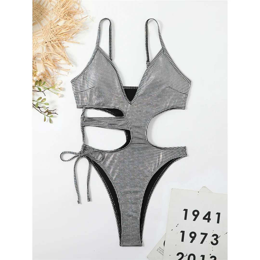 Sexy asymmetrischer, kariertes, ausgeschnittenes Einteiler-Badeanzug für Damen, Monokini mit hohem Beinausschnitt, Badeanzug, Damen-Badebekleidung, V4390 – Detail 12
