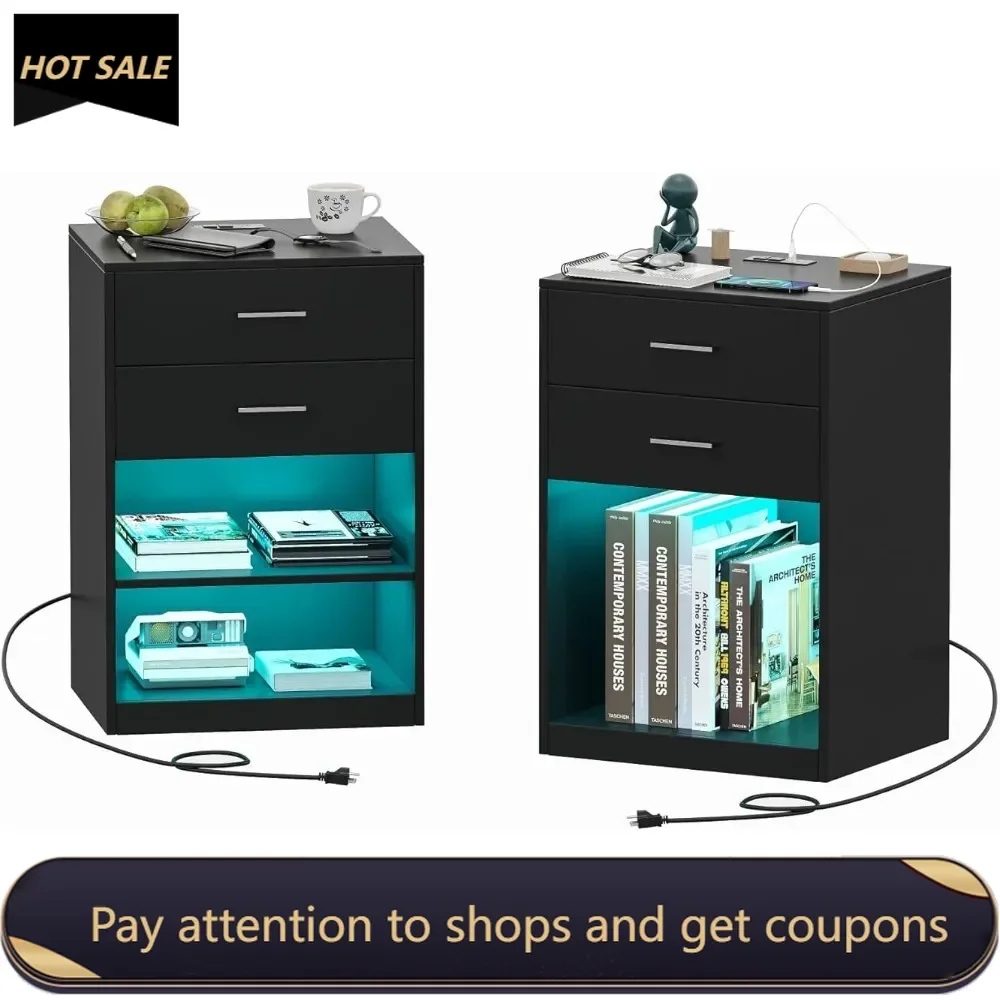 End Table With USB Ports and Outlets Living Room Cabinet Nightstand Set of 2 With LED Light Bedroom Furniture Furnitures Bedside