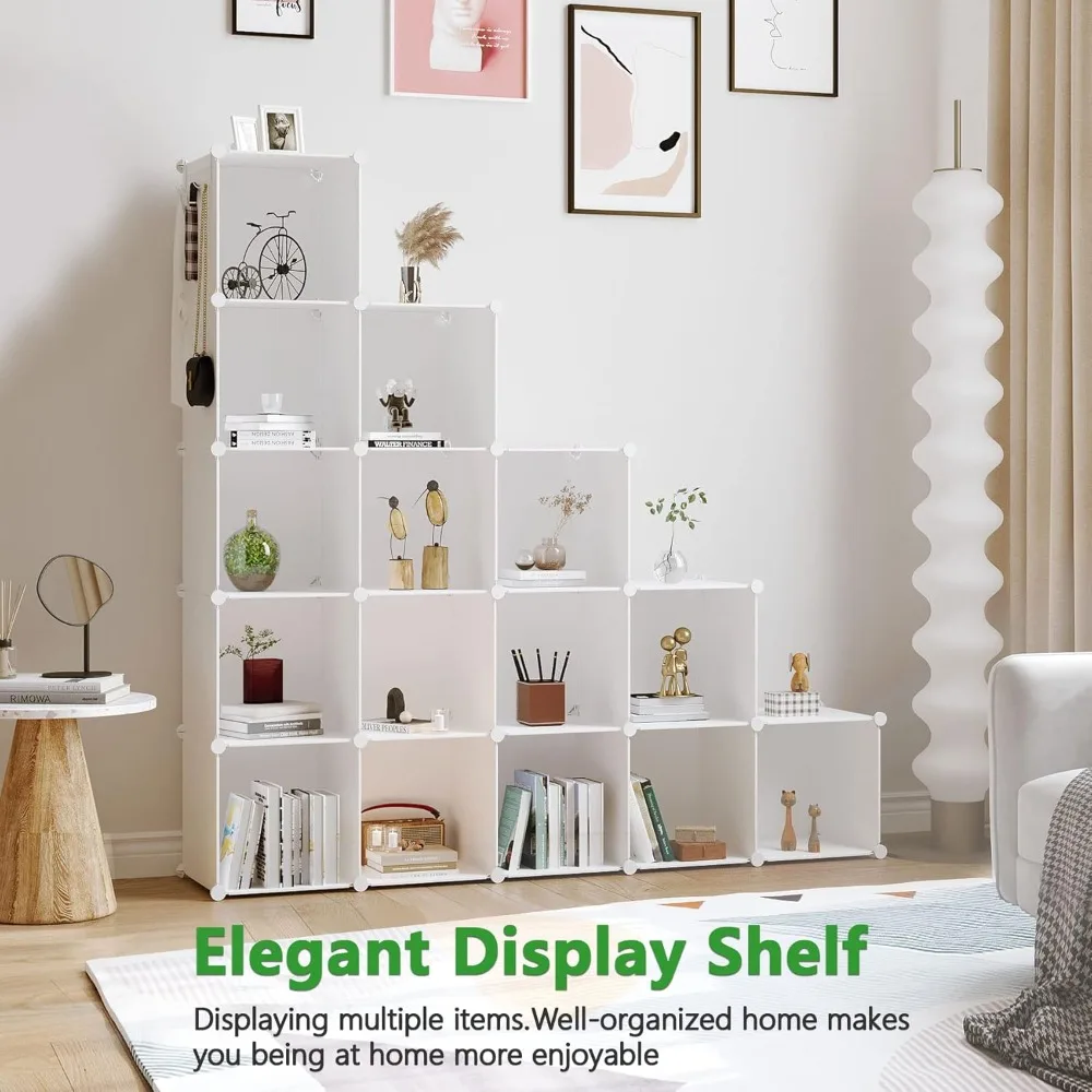 

16-Cube Storage Organizer Shelves Unit DIY Modular Plastic Closet Cabinet for Home Bedroom 48.4L x 12.4W x 48.4H Milky