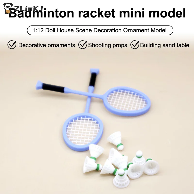 ▶ 1 par 1:12 casa de muñecas simulación Mini raqueta de bádminton conjunto casa de muñecas escena deportiva decoración casa de muñecas juguetes para juego de imitación