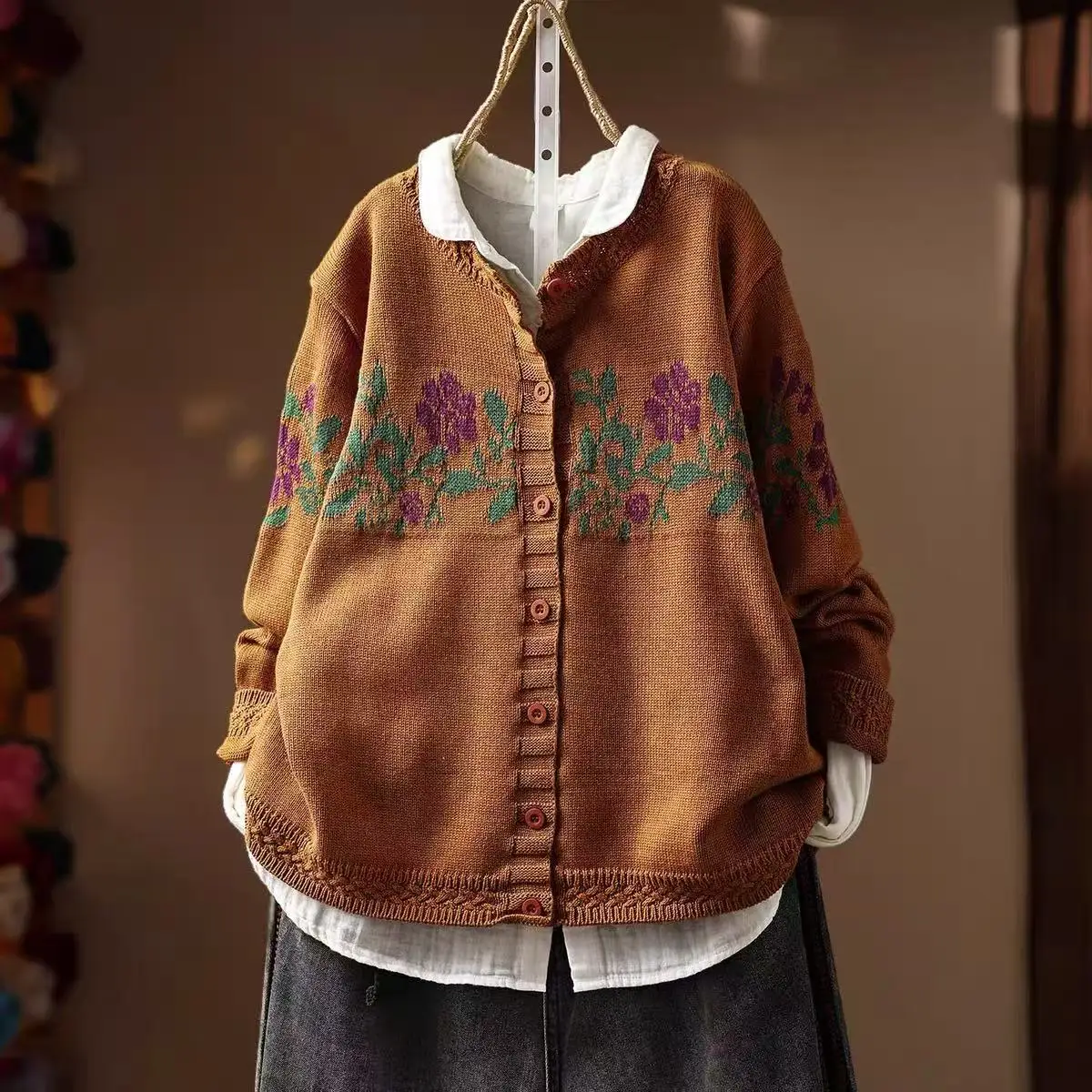 Women Vintage Floral Jacquard Knit Cardigan Japanese Style Round Neck Long Sleeve Loose‑Fit Cottagecore Sweater Jacket - view 3