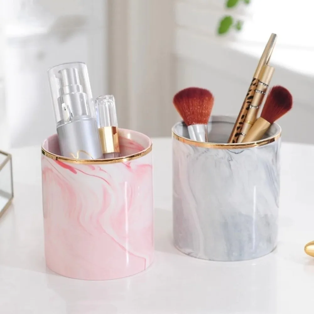 Marble Ceramic Pen Holder European Style Smooth Finish Desktop Organizer Golden Pink Non Slip Pencil Cup for Home Office Desk