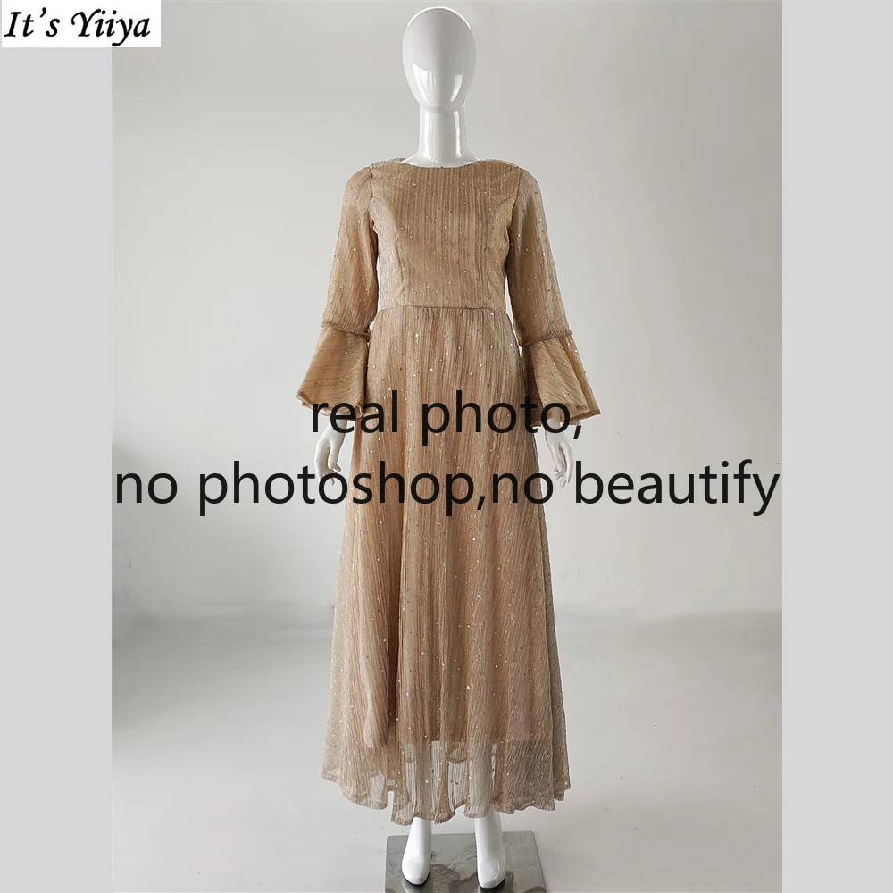 

It's Yiiya Real Photo Evening Dress Khaki Bling O-neck Full Sleeves Zipper Back A-line Floor Length Plus size Women Party Gown