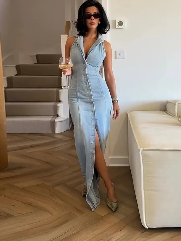 Vestido largo vaquero para mujer, cuello vuelto, sin mangas, con una hilera de botones, bata con abertura frontal, moda de verano 2025, vestidos informales para mujer