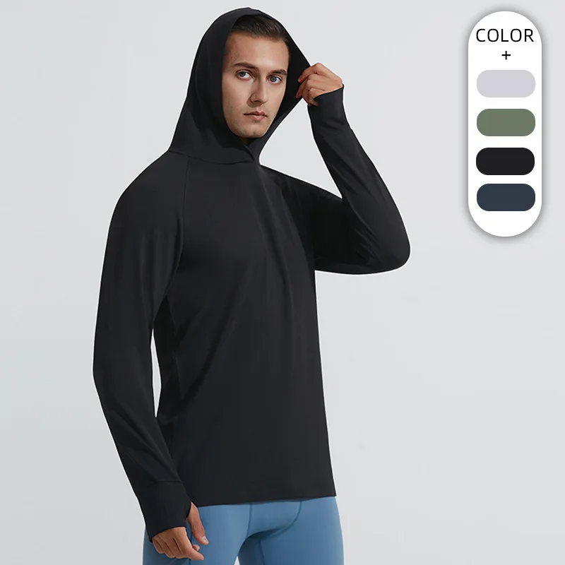 New Men's Finger Hooded Sweatshirt Running Sports Fitness Clothes Breathable Casual Long Sleeve T-Shirt Breathable Sports