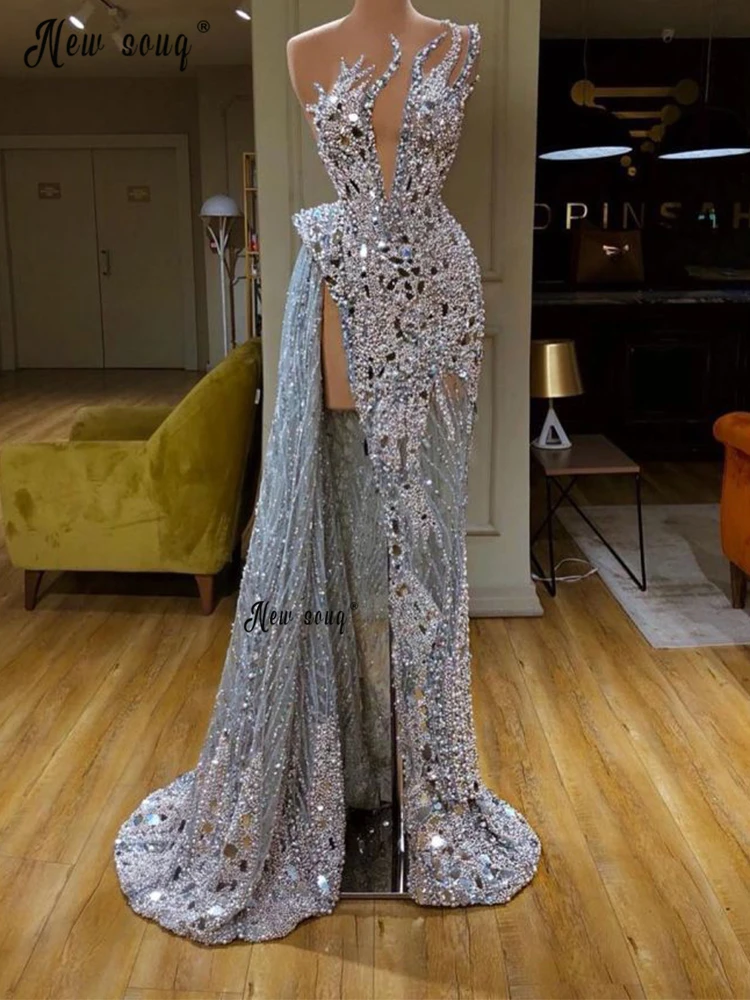 Luxury Full Silver Beaded Evening Dress 2022 Prom Gowns Arabic  Party Reception Dress Celebrity Dresses Plus Size Customized