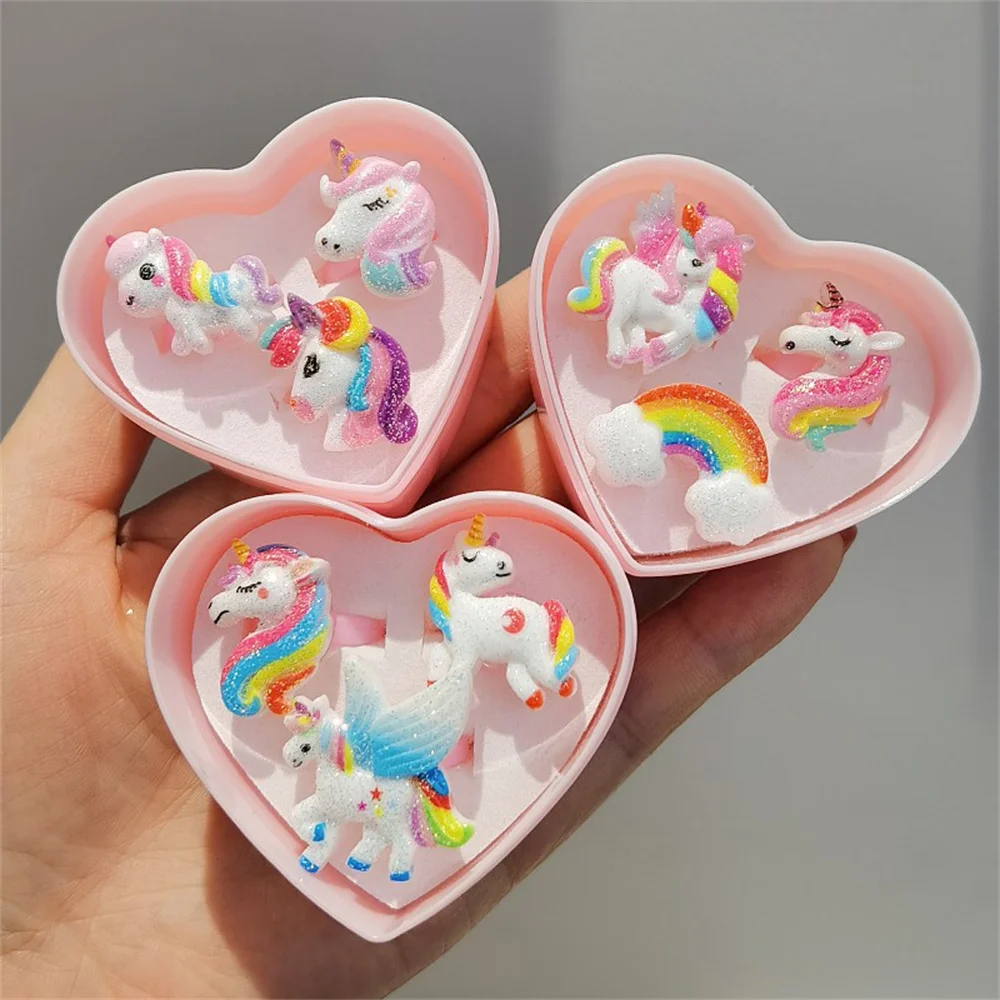 Cute Little Girl Cartoon Unicorn Acrylic 3pcs Set Ring Best Gift for Parents To Give Their Children on Holidays and Birthdays