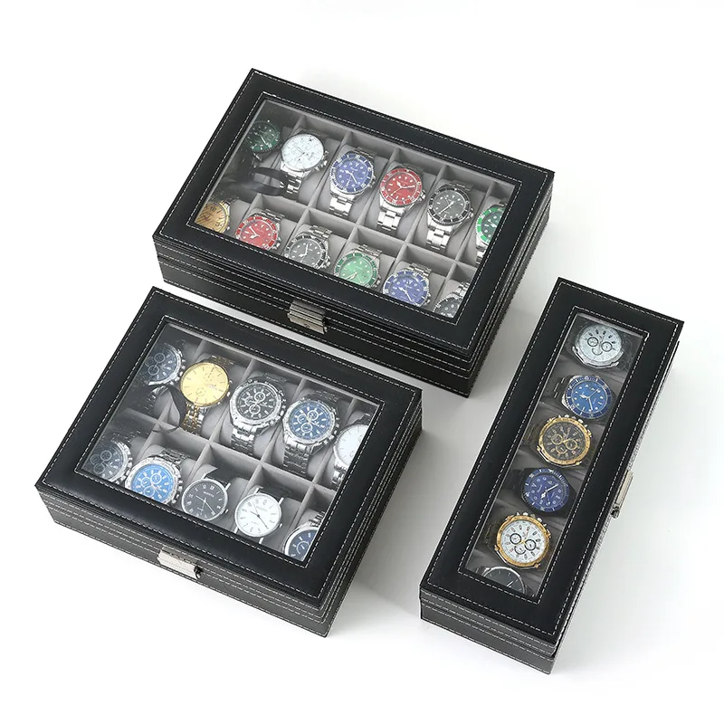 6/10/12Slots Gray Watch Boxes Watch Case with Large Glass Lid, Removable Watch Pillows, Watch Box Organizer, Gift for Loved Ones