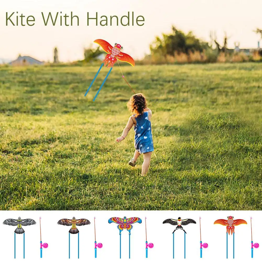 Cartoon Children Kite Flying Toys + 50cm Hand Brake Fishing Rod Line Large Parrot Eagle Butterfly Swallow Goldfish Kite For M7F1