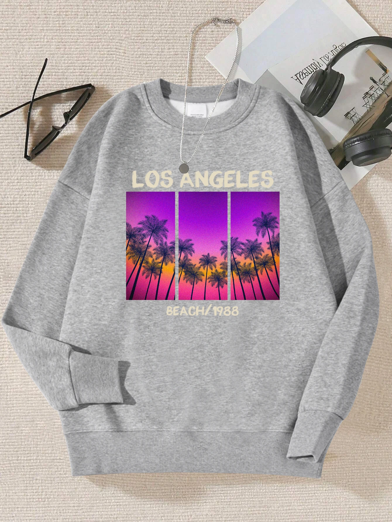 Los Angeles Beach 1988 Print Streetwear Women Simple Hip Hop Sweatshirt Sport Fur-Line Pullovers Soft Multicolor Unisex Tops