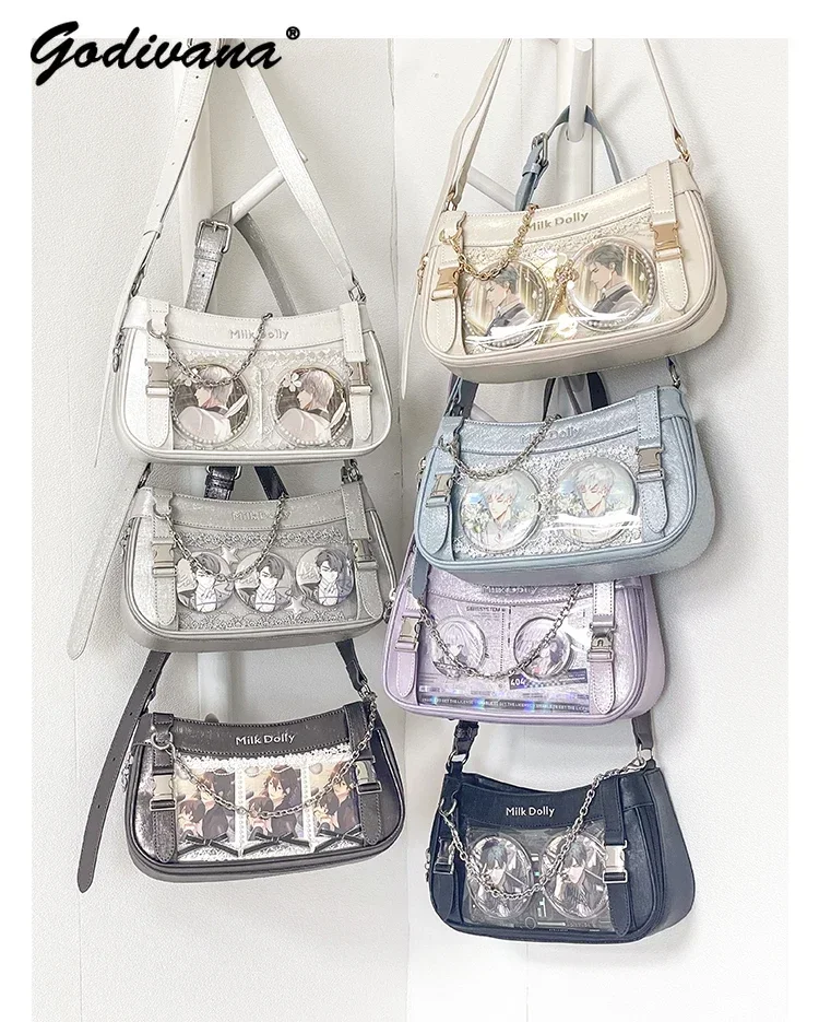 Original Rock Locomotive Bolso Transparent Crossbody Bags Sweet Girl Women Solid Color Leather Underarm Bag Lolita Shoudler Bags