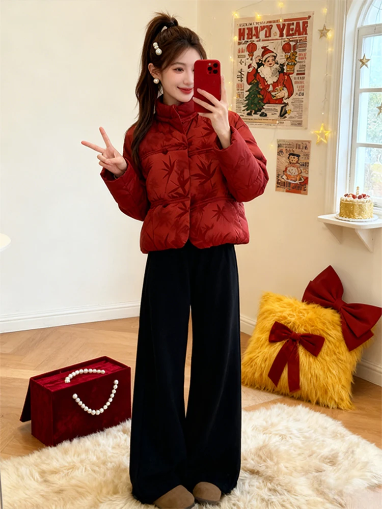 

Korean Style Casual Winter Two-Piece Set Short down Cotton Jacket And Pants Women's Fashion Ensemble New Chinese Style