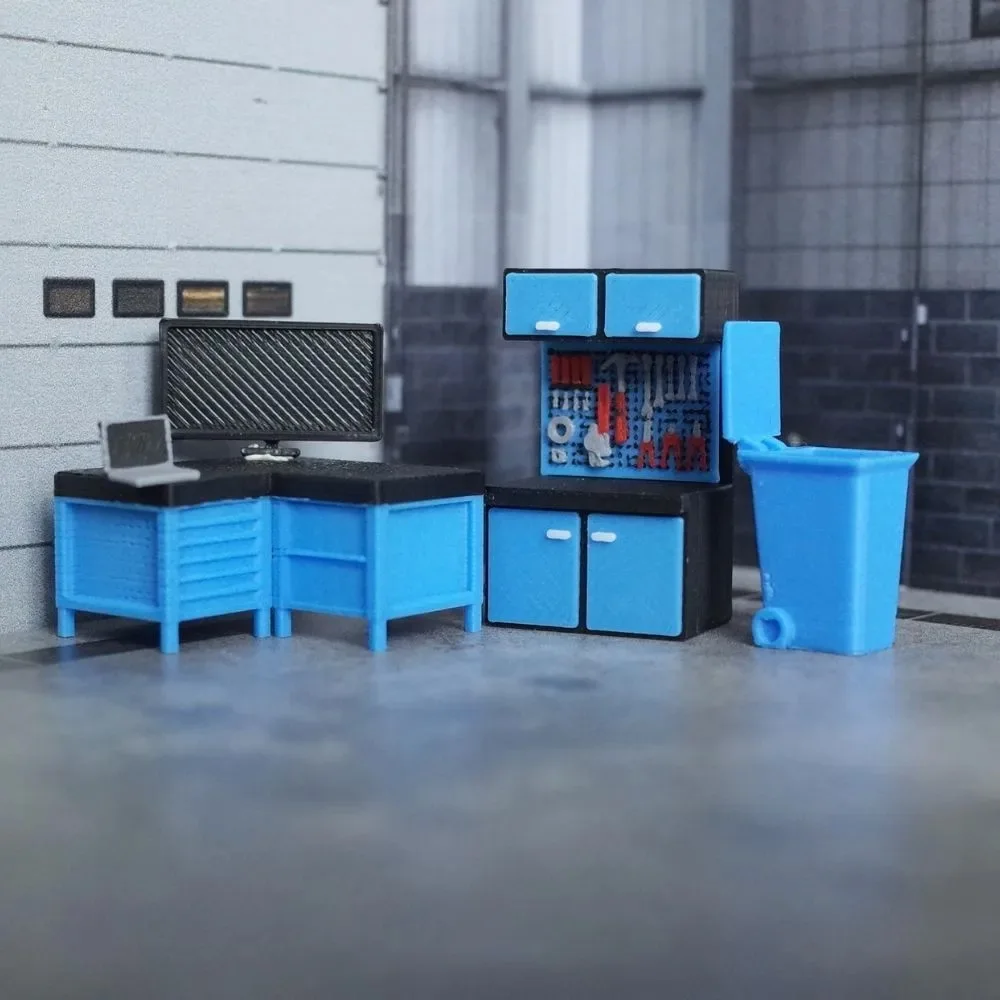 1:64 Scale Blue Garage Diorama Model L Shaped Workbench Pegboard Tool Cabinet Miniature Desk Display Decor