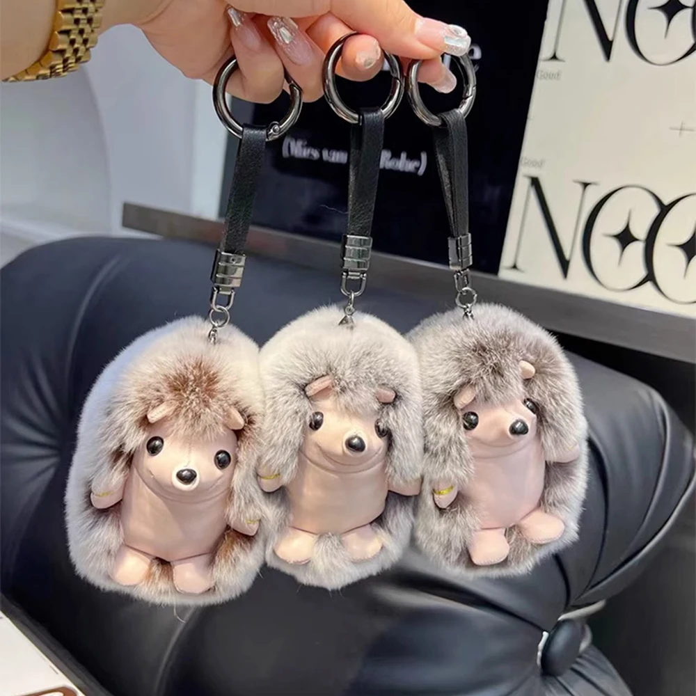 Cute Hedgehog Real Rex Rabbit Fur Key Chains Plush Toy Pendant Kids School Bag Hanging Ornaments Women Car Keyring Trinkets Gift