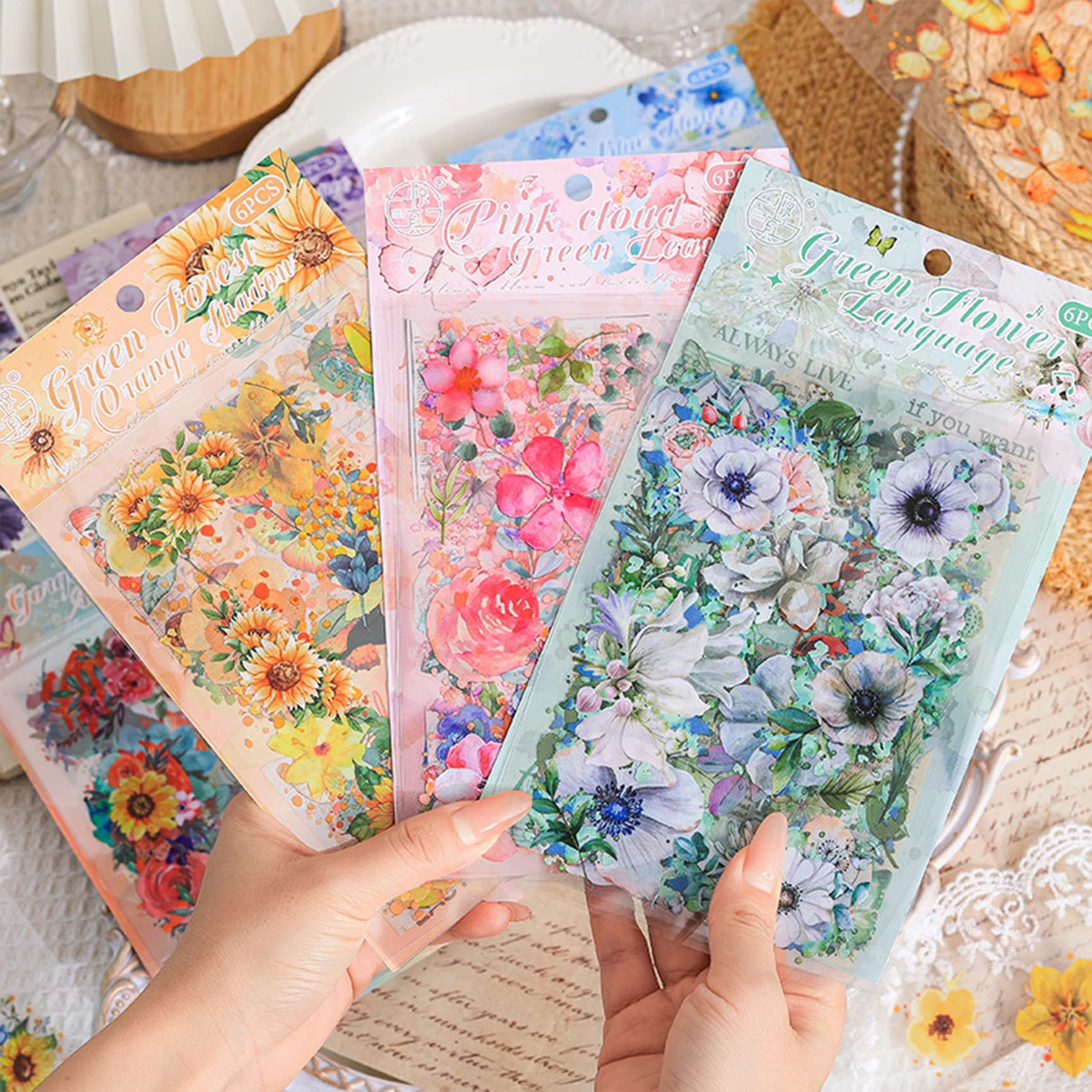 6pcs Beautiful Flower Transparent Stickers,Stylish Waterproof PET Material Diy Stickers For Decorating Stationery Scrapbooks