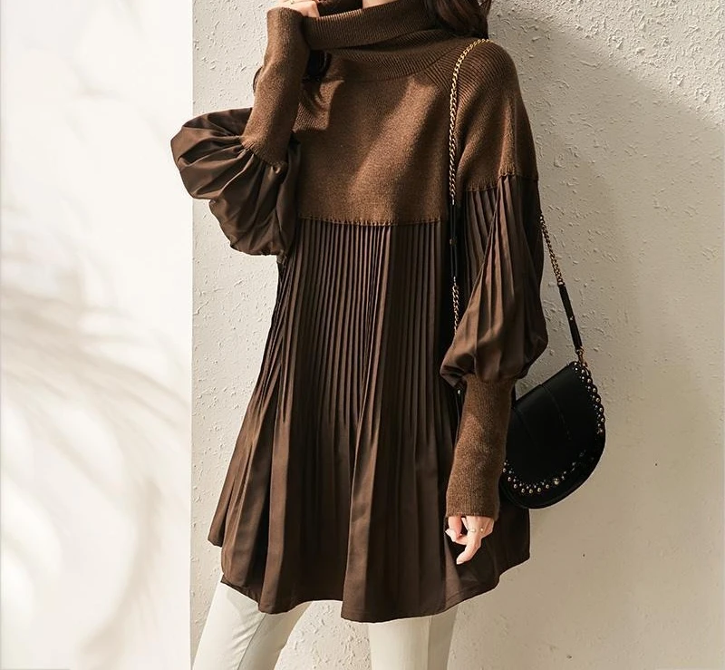 

Loose Solid Color Knitted Sweater for Women Autumn New Item High Neck Pleated Design Top for Women