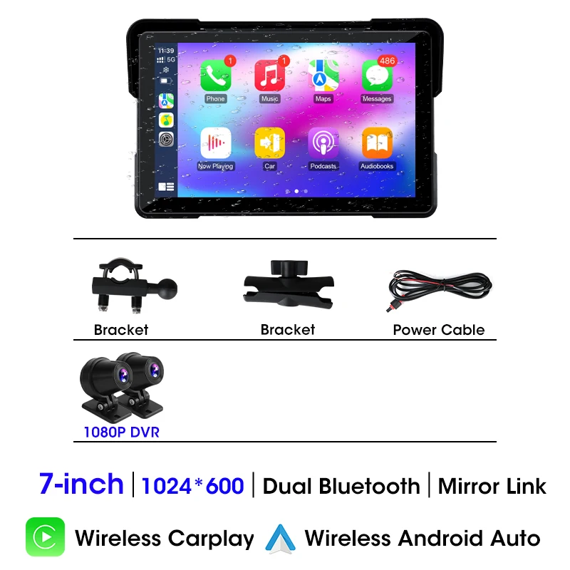 Srnubi Draagbare motorfiets GPS-navigatie Waterdichte draadloze Carplay 5/7 "scherm Motorfiets Android Auto Bluetooth Monitor DVR