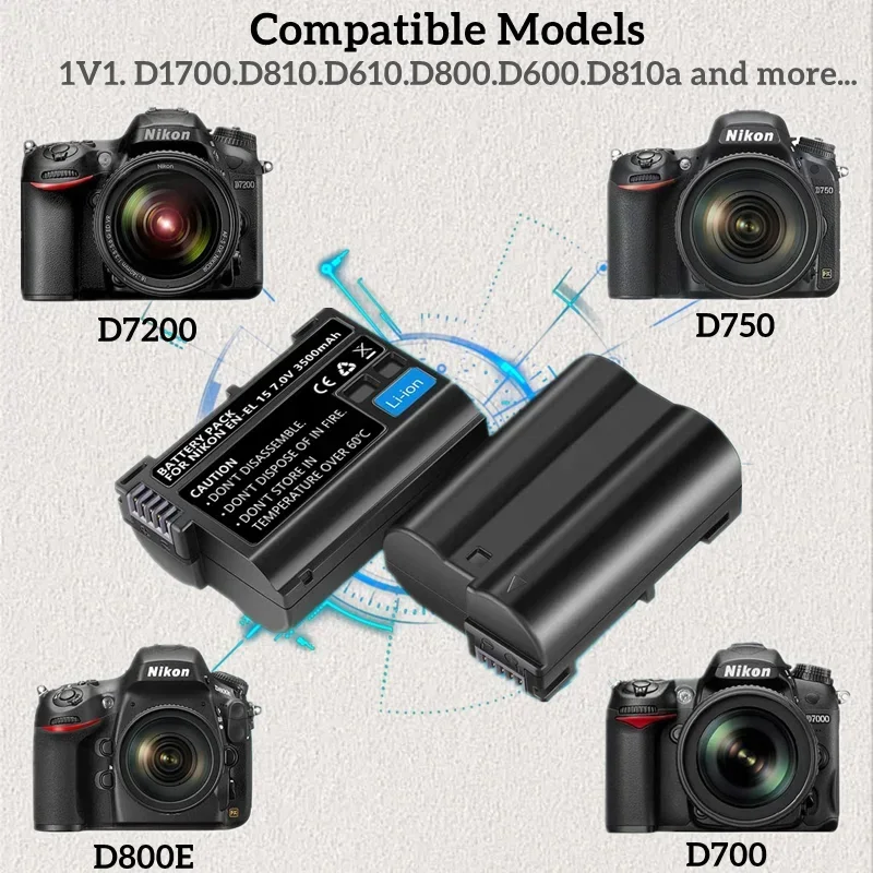 EN EL15 7 0V 3500mAh Digital Camera Battery for Nik.on D850 D7500 1 V1 D500 D600 D610 D750 D800 D810 D810A D7000