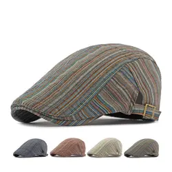 Four Seasons Cotton Stripe Print Newsboy Caps Flat Peaked Cap Men and Women Painter Beret Hats 163