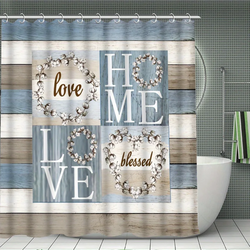 4pcs Wood Grain Background Letters Modern Home Bathroom Decoration: Shower Curtain and 3-piece Toilet Floor Mat Set with 12 Show