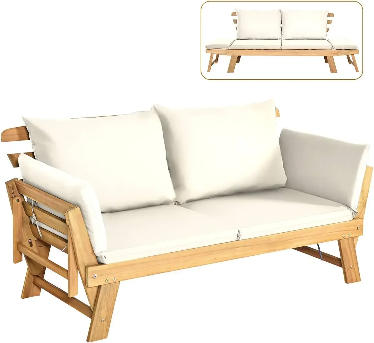 Tempat tidur Sofa kayu Acacia, Sofa konversi, teras, dengan sandaran tangan yang dapat disesuaikan, tempat tidur luar ruangan dengan Bantal & bantal, Sofa lipat