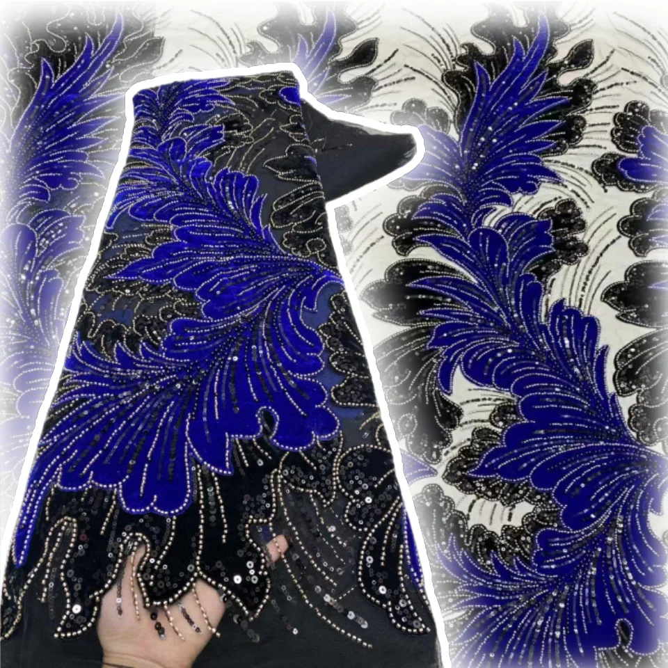 

Luxury African Nigerian Groom Velvet Sequins Beads Lace Fabric High Quality French Tulle Fabric For Bridal Dress Party TP1188