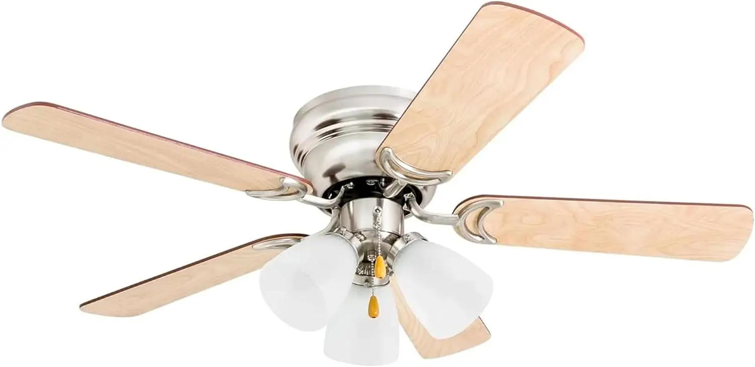 

42 Inch Traditional Flush Mount Indoor LED Ceiling Fan with Light, Pull Chain, 5 Dual Finish Blades, Re