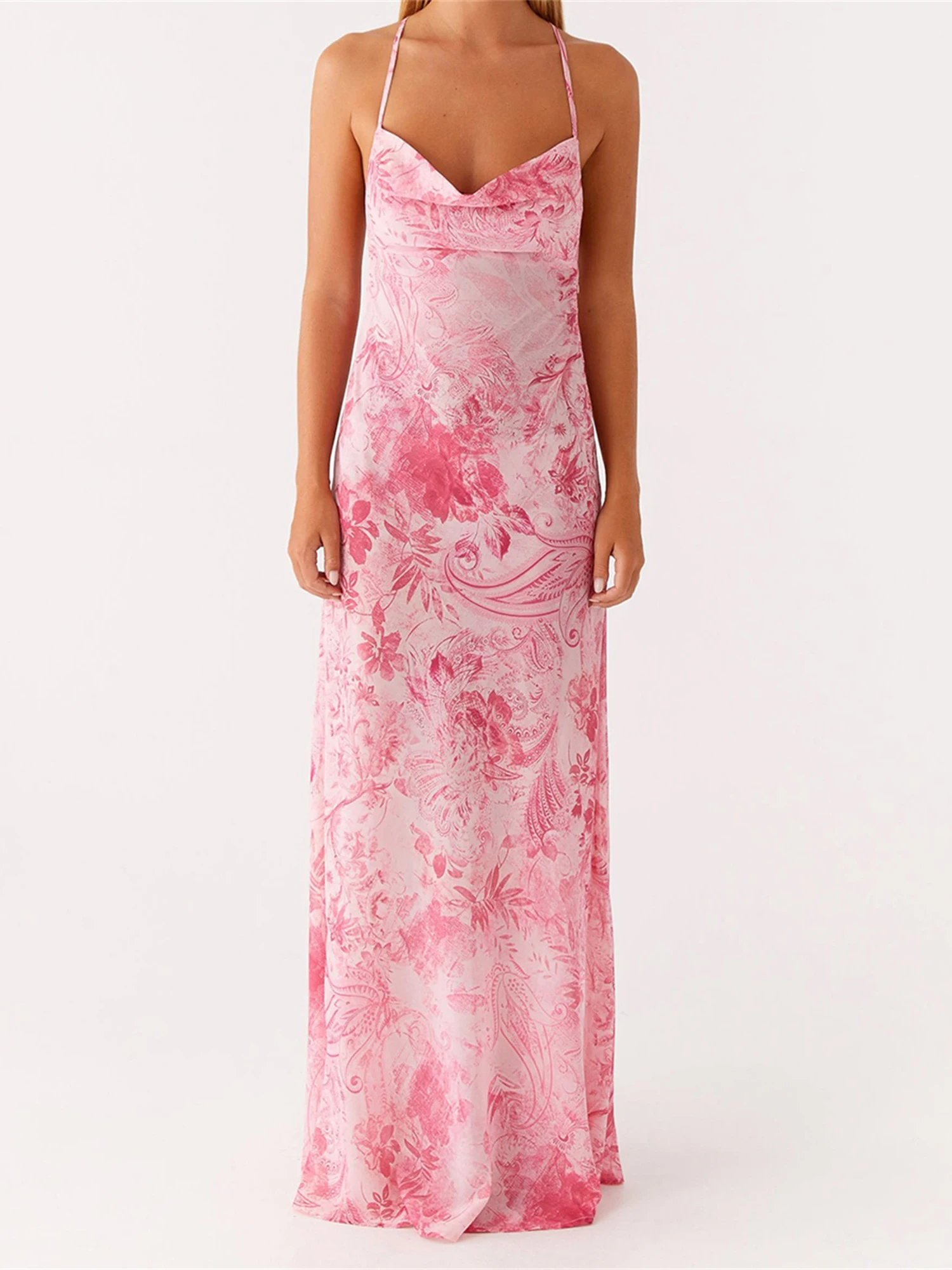 Elegant Sleeveless Floral Print Maxi Dress with Cowl Neckline and Open Back Tie Detail for Evening Party or Clubwear