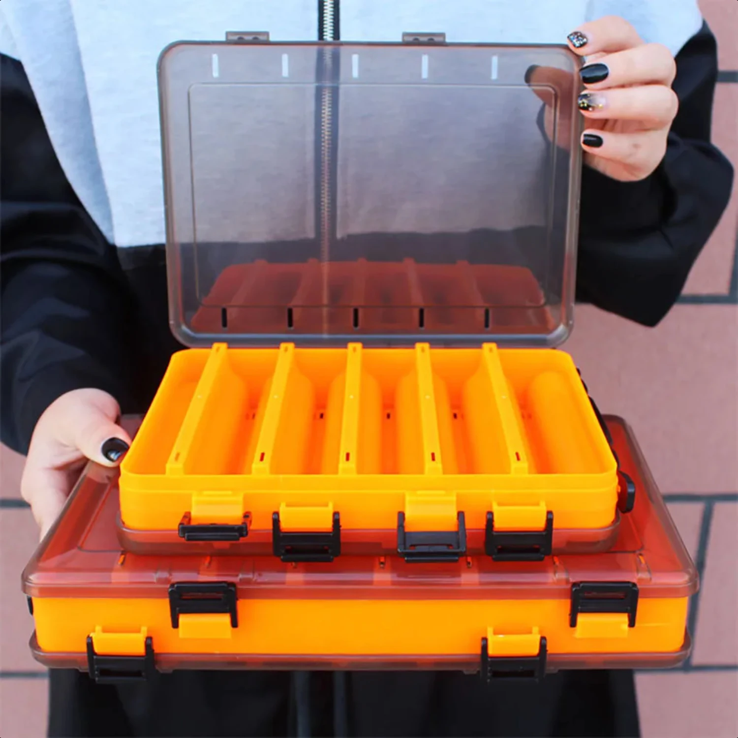 Double-layer Transparent Fishing Tackle Box with Plastic Tray (10/14 Cells)