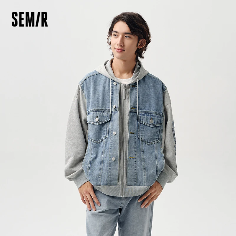 

Semir Jacket Men Embroidered Patchwork Denim Jacket Spring Faux Two-piece Hooded Top Oversize