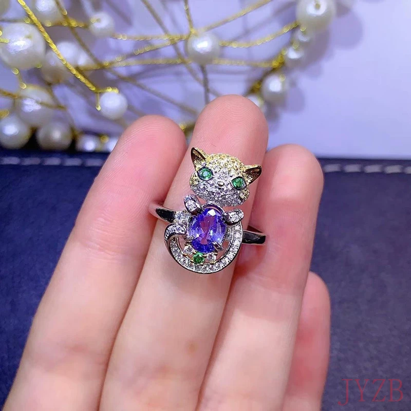 

100%925 sterling silver gemstone natural Tanzanite ring cute kitten 6*8mm with of competency