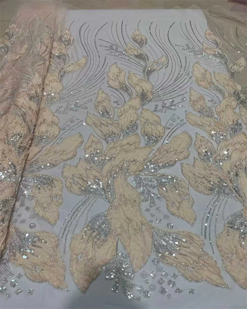 Luxury African Sequins Beaded Lace Fabric  High Quality Groom Nigerian Wedding Bridal Embroidery French Tulle Material