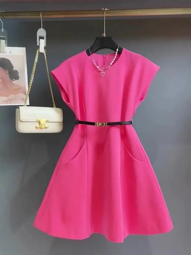 Spring and Summer Rose Red Dress Korean Version New Fashionable and Casual Unique Waist Cinching Elegant Women's Dress
