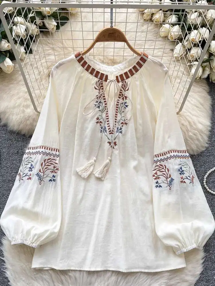 

Women Vitnage Embroidered Shirt Spring Summer Lace Lantern Sleeve Loose Casual Shirts Streetwear Tops