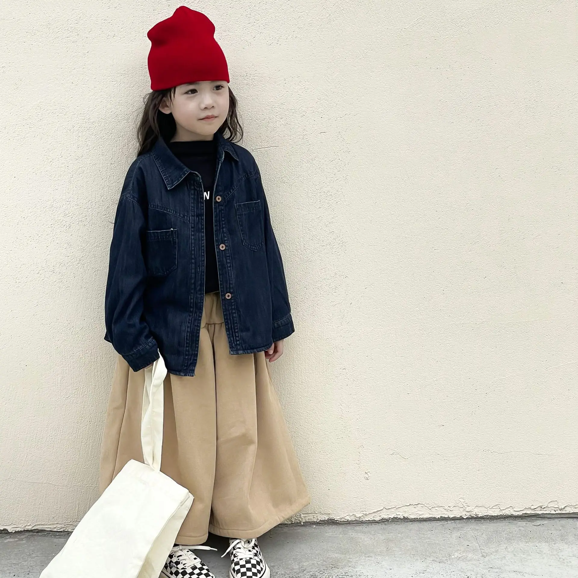 2023 Winter New Children's Clothing Girls' Loose Wide-Leg Pants Children's Velvet Skort Casual Trousers