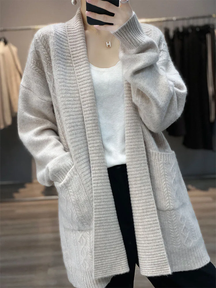 100% Pure Wool Knitted Coat Women' Scarf Collar Large Size Cardigan Fashion Jacquard Thickeen Loose Jacket Autumn Cashmere Shirt