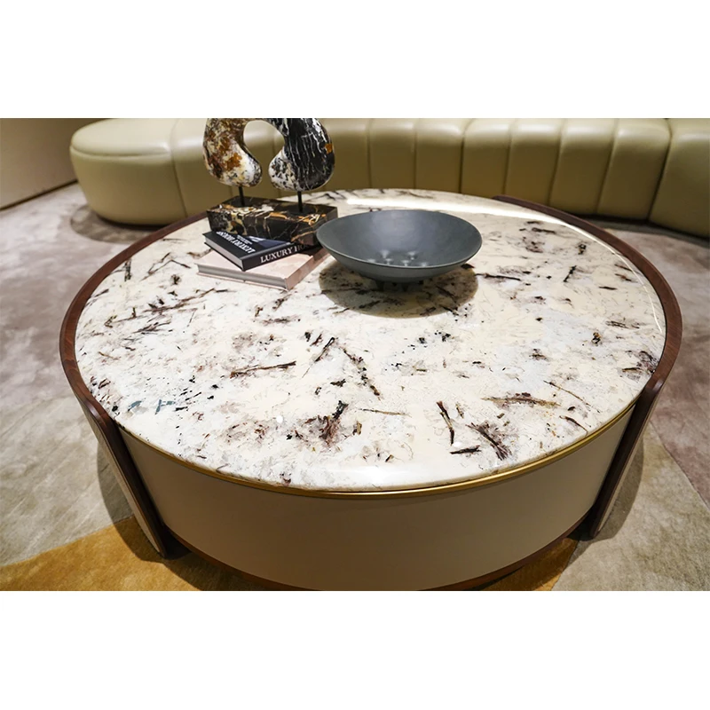 

#Coffee Table: Wooden Walnut & Leather Base with Marble Top Unique Design Fits Any Space