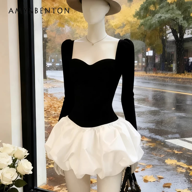 

French Retro Black White Contrast Square-neck Women's Dress 2026 Spring New Waist-cinching Slimming Elegant Short Dresses Ladies