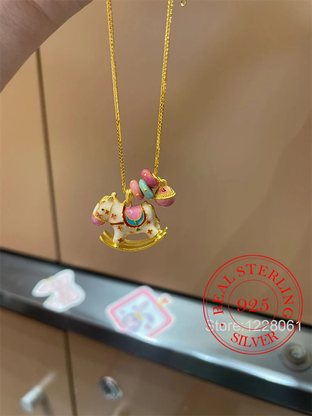 

925 Sterling Silver Jewelry Cartoon Enamel Carousel Pendant Necklace For Women Choker Chain Wedding Party Jewelry Gift