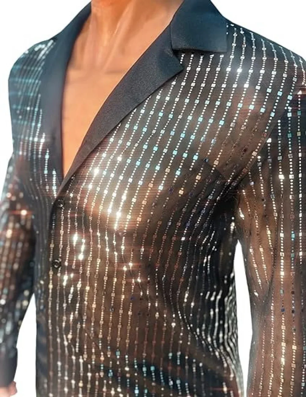 Men Shiny Sequins Shirt Long Sleeve Button Down Disco Party Shirt Night Clubwear Prom Dance Performance Tops Halloween Costumes
